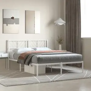 vidaXL Full Metal Bed Frame with Headboard and Stable Slats, Under Bed Storage Space, Sturdy Steel Construction and Easy Assembly, Minimalist Style, White, 12'' High, without Mattress