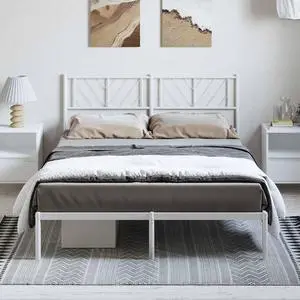 vidaXL Queen Metal Bed Frame with Headboard and Stable Slats, Under Bed Storage Space, Sturdy Steel Construction and Easy Assembly, Minimalist Style, White, 12'' High, without Mattress