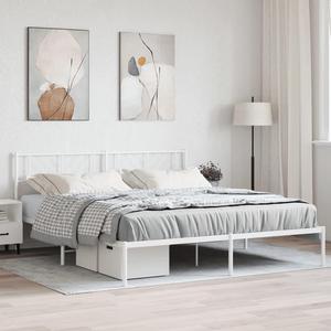 vidaXL California King Metal Bed Frame with Headboard and Stable Slats, Under Bed Storage Space, Sturdy Steel Construction and Easy Assembly, Minimalist Style, White, 12'' High, without Mattress