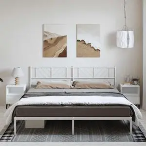 vidaXL King Metal Bed Frame with Headboard and Stable Slats, Under Bed Storage Space, Sturdy Steel Construction and Easy Assembly, Minimalist Style, White, 12'' High, without Mattress