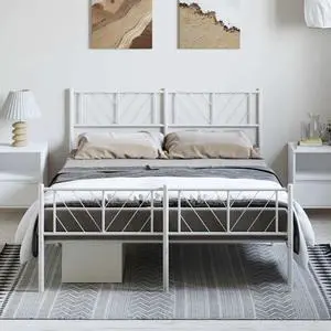 vidaXL Full Metal Bed Frame with Headboard and Footboard, Under Bed Storage Space, Sturdy Steel Construction and Easy Assembly, Minimalist Style, White, 12'' High, without Mattress