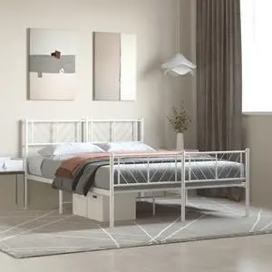 vidaXL Queen Metal Bed Frame with Headboard and Footboard, Under Bed Storage Space, Sturdy Steel Construction and Easy Assembly, Minimalist Style, White, 12'' High, without Mattress