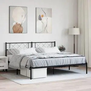 vidaXL 12'' King Metal Bed Frames with Headboard, Platform Bed Frame with Strong Metal Slats Support, Under Bed Storage, Noise Free, Black, without Mattress