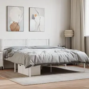 vidaXL 12'' Metal Full Bed Frames with Headboard, Platform Bed Frame with Strong Metal Slats Support, Under Bed Storage, Noise Free, White, without Mattress