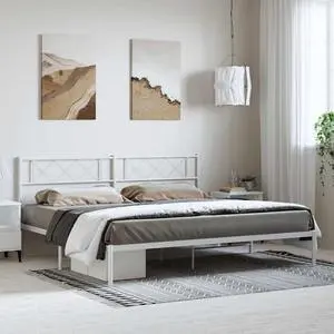 vidaXL 12'' King Metal Bed Frames with Headboard, Platform Bed Frame with Strong Metal Slats Support, Under Bed Storage, Noise Free, White, without Mattress