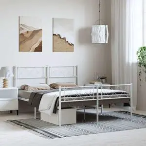 vidaXL 12'' Metal Bed Full Frames with Headboard and Footboard, Platform Bed Frame with Strong Metal Slats Support, Under Bed Storage, Noise Free, White, without Mattress