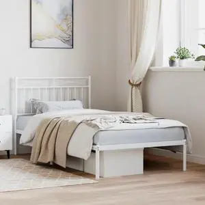 vidaXL 11'' Twin Metal Bed Frames with Headboard, Platform Bed Frame with Strong Metal Slats Support, Under Bed Storage, Noise Free, White, without Mattress