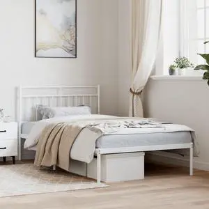 vidaXL 11'' Metal Twin XL Bed Frames with Headboard, Platform Bed Frame with Strong Metal Slats Support, Under Bed Storage, Noise Free, White, without Mattress