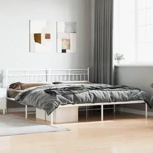 vidaXL 11'' King Metal Bed Frames with Headboard, Platform Bed Frame with Strong Metal Slats Support, Under Bed Storage, Noise Free, White, without Mattress