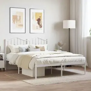vidaXL Queen Metal Bed Frame with Headboard and Stable Slats, Under Bed Storage Space, Sturdy Steel Construction and Easy Assembly, Minimalist Style, White, 12'' High, without Mattress