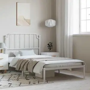 vidaXL Twin Metal Bed Frame with Headboard and Stable Slats, Under Bed Storage Space, Sturdy Steel Construction and Easy Assembly, Minimalist Style, White, 12'' High, without Mattress