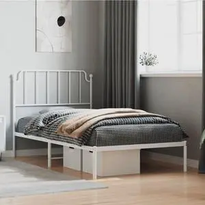 vidaXL Twin XL Metal Bed Frame with Headboard and Stable Slats, Under Bed Storage Space, Sturdy Steel Construction and Easy Assembly, Minimalist Style, White, 12'' High, without Mattress