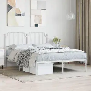 vidaXL Full Metal Bed Frame with Headboard and Stable Slats, Under Bed Storage Space, Sturdy Steel Construction and Easy Assembly, Minimalist Style, White, 12'' High, without Mattress