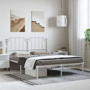 vidaXL Queen Metal Bed Frame with Headboard and Stable Slats, Under Bed Storage Space, Sturdy Steel Construction and Easy Assembly, Minimalist Style, White, 12'' High, without Mattress