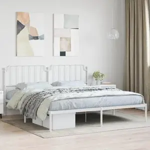 vidaXL King Metal Bed Frame with Headboard and Stable Slats, Under Bed Storage Space, Sturdy Steel Construction and Easy Assembly, Minimalist Style, White, 12'' High, without Mattress