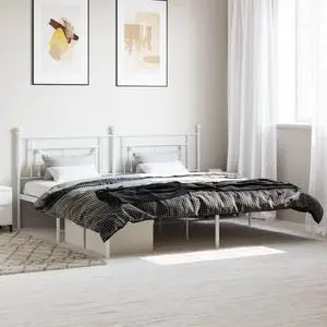 vidaXL 12'' King Metal Bed Frames with Headboard, Platform Bed Frame with Strong Metal Slats Support, Under Bed Storage, Noise Free, White, without Mattress