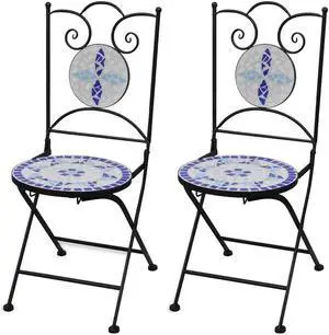vidaXL Folding Bistro Chairs 2 pcs Outdoor Patio Chair Ceramic Blue and White