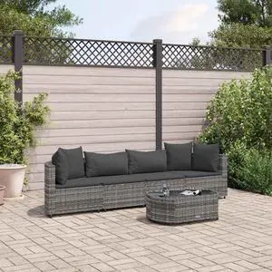 vidaXL Patio Sofa Set with Cushions Garden Furniture 5 Piece Gray Poly Rattan