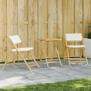 vidaXL Folding Bistro Set with Cream White Cushions Armchairs 3 Piece Bamboo