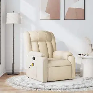 vidaXL Massage Recliner Chair for Living Room, Adjustable Recliner with 6-Point Vibration Massage, Home Theater Seating with Padded Seat Backrest & Side Pocket, Cream Fabric