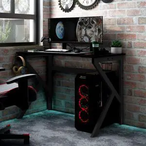 vidaXL 35 Inch Gaming Desk with K-Shaped Legs, Ergonomic Computer Desk with Earphone & Controller Racks, Cup Holder, Sturdy PC Desk for Gamers and Home Office, Black