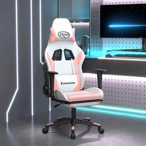 vidaXL Massage Gaming Chair for Adult, Reclining Computer Chair with Footrest and Headrest, Height Adjustable Office Chair with 360°-Swivel Castors, White and Pink Faux Leather