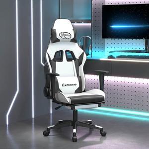 vidaXL Massage Gaming Chair for Adult, Reclining Computer Chair with Footrest and Headrest, Height Adjustable Office Chair with 360°-Swivel Castors, White and Black Faux Leather