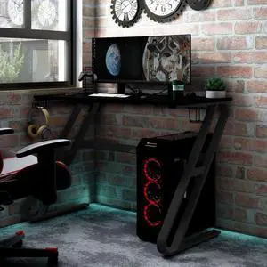 vidaXL 35 Inch Gaming Desk with ZZ-Shaped Legs, Ergonomic Computer Desk with Earphone & Controller Racks, Cup Holder, Sturdy PC Desk for Gamers and Home Office, Black
