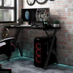 vidaXL 35 Inch Gaming Desk with Y-Shaped Legs, Ergonomic Computer Desk with Earphone & Controller Racks, Cup Holder, Sturdy PC Desk for Gamers and Home Office, Black