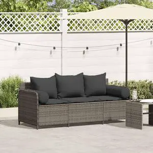 vidaXL Patio Sofa with Cushions 3-Seater Gray Poly Rattan garden sofa