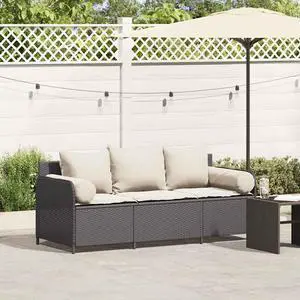 vidaXL Patio Sofa with Cushions 3-Seater Black Poly Rattan garden sofa