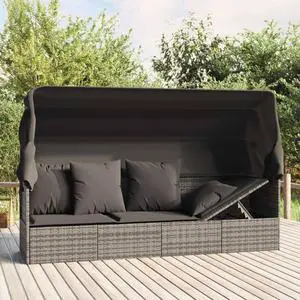 vidaXL Patio Lounge Bed with Roof and Cushions Gray Poly Rattan