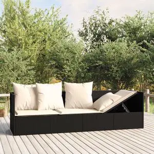 vidaXL Patio Lounge Bed with Cushions Black Poly Rattan garden lounge bed