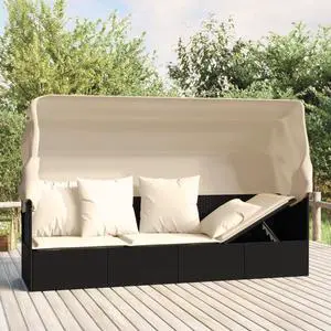 vidaXL Patio Lounge Bed with Roof and Cushions Black Poly Rattan