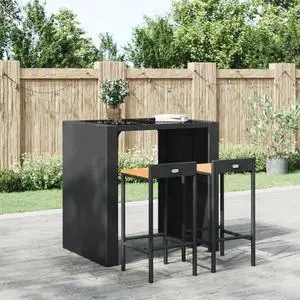 vidaXL Bar Stool 2 Pcs Patio Furniture Black Poly Rattan and Solid Wood Acacia