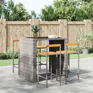 vidaXL Bar Stool 4 Pcs Patio Furniture Gray Poly Rattan and Solid Wood Acacia