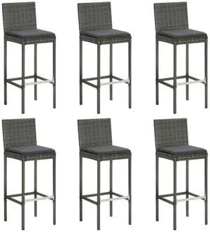 vidaXL Bar Stool 6 Pcs Counter Height Bar Stool with Cushions Gray Poly Rattan