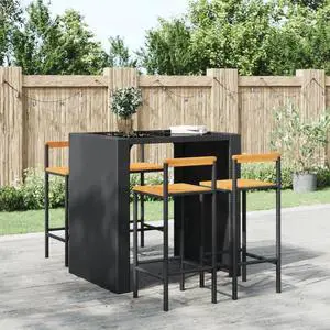 vidaXL Bar Stool 4 Pcs Patio Furniture Black Poly Rattan and Solid Wood Acacia