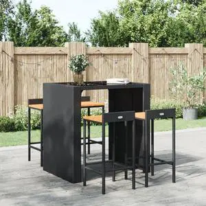 vidaXL Bar Stool 4 Pcs Patio Furniture Black Poly Rattan and Solid Wood Acacia
