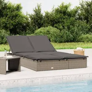 vidaXL 2-Person Sunbed with Cushions Outdoor Patio Daybed Gray Poly Rattan