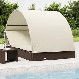 vidaXL 2-Person Sunbed with Round Roof Outdoor Patio Daybed Brown Poly Rattan