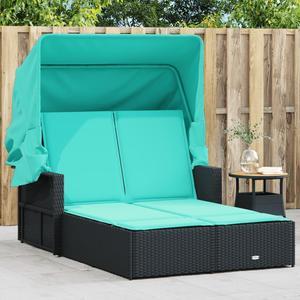 vidaXL Double Sun Lounger with Canopy and Cushions Day Bed Black Poly Rattan