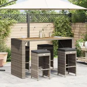 vidaXL Patio Bar Stools with Cushions Pub Chair Seats 4 Pcs Gray Poly Rattan