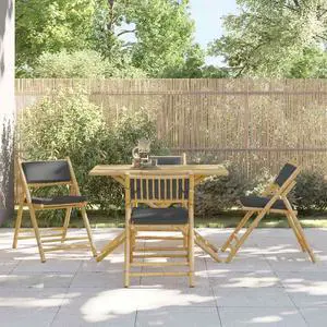 vidaXL Folding Bistro Chairs with Dark Gray Cushions Seats 4 Piece Bamboo