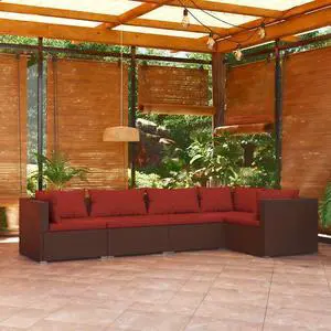 vidaXL Patio Lounge Set Outdoor Sectional Sofa Set 5 Piece Poly Rattan Brown