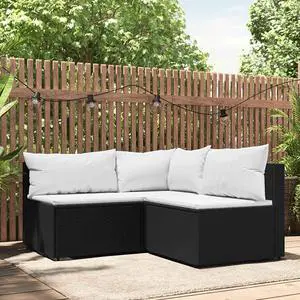 vidaXL Patio Furniture Set 3 Piece Lounge Set with Cushions Black Poly Rattan