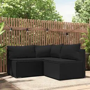 vidaXL Patio Furniture Set 3 Piece Lounge Set with Cushions Black Poly Rattan