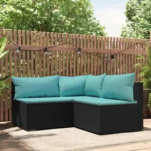 vidaXL Patio Furniture Set 3 Piece Lounge Set with Cushions Black Poly Rattan