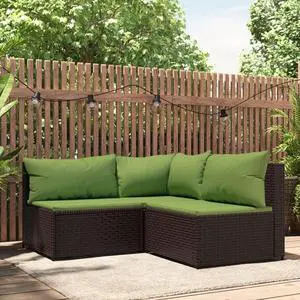 vidaXL Patio Furniture Set 3 Piece Lounge Set with Cushions Brown Poly Rattan