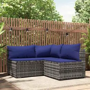 vidaXL Patio Furniture Set 3 Piece Lounge Set with Cushions Gray Poly Rattan